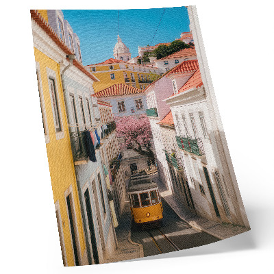 Plakat Ulica s tramvajem, pastelne stambene kuće, cvijeće