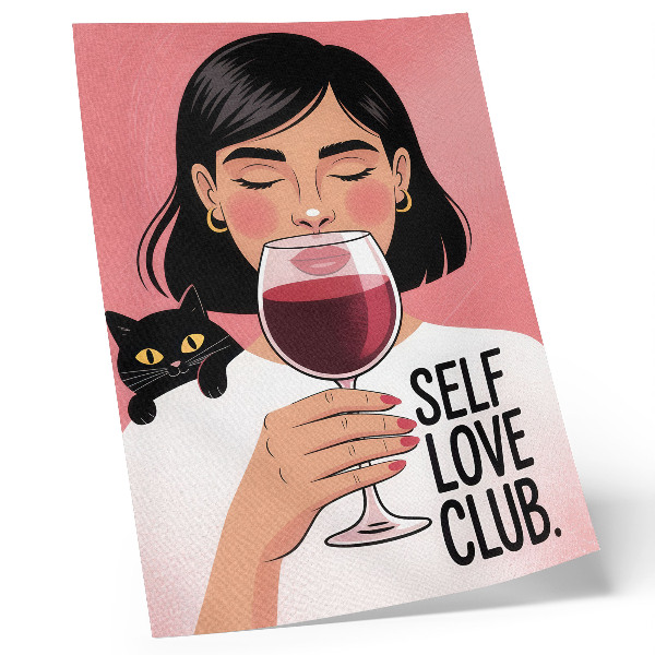 Zidni plakat Žena s vinom i mačkom u stilu ilustracije