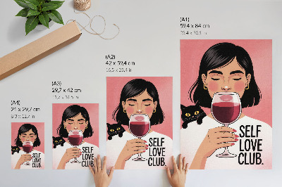 Zidni plakat Žena s vinom i mačkom u stilu ilustracije