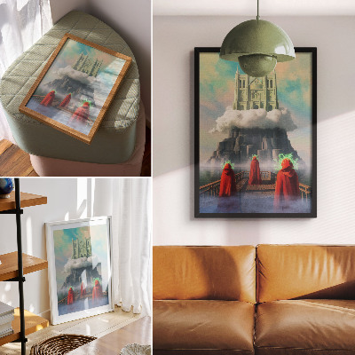 Plakat Dvorac u oblacima figure u kaputima nadrealizam