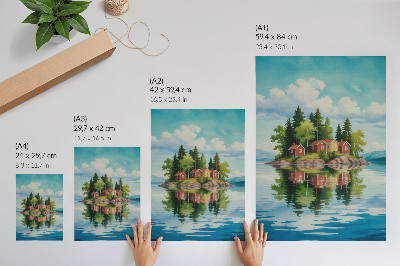 Zidni plakat Slikoviti otok, kuće, drveće, mirna voda