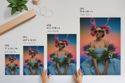 Zidni plakat Žena s cvijećem uz pozadinu zalaska sunca