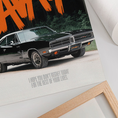 Plakat Klasični automobil s narančastim slovima i prirodnom temom