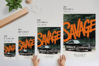 Plakat Klasični automobil s narančastim slovima i prirodnom temom