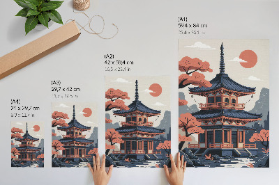 Tisak na platno Japanski hram u pastelnim bojama, drveće, planine, mir