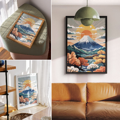Zidni plakat Snježne planine, šarena šuma, zalazak sunca