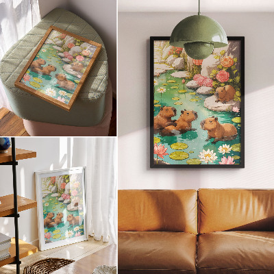 Zidni plakat Kapibare u ribnjaku cvijeće harmonija prirode