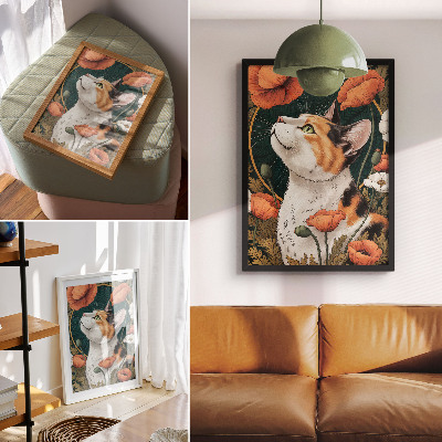 Plakat Mačka među makovima, stil ilustracije, priroda