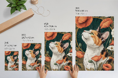 Plakat Mačka među makovima, stil ilustracije, priroda