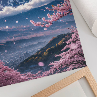 Dekorativni plakat Planine i cvjetajuće sakure s ružičastim nebom
