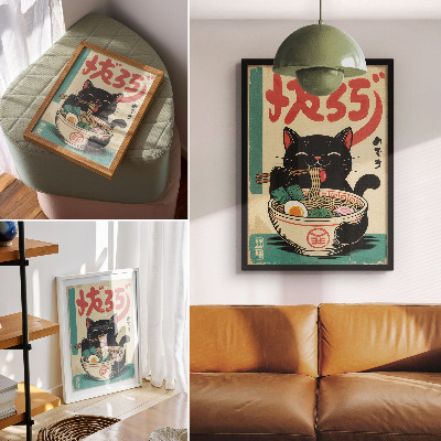 Tisak na platno Zdjela ramena s crnom mačkom, japanske retro inspiracije