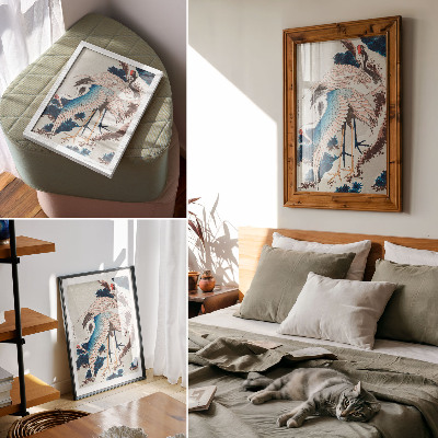 Dekorativni plakat Ždralovi na drvetu prekrivenom snijegom, Katsushiki Hokusai (1834.), vintage drvorez