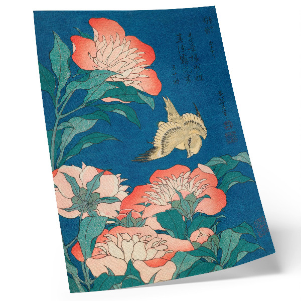 Dekorativni plakat Božuri i kanarinac, Katsushiki Hokusai (1834.) – starinski drvorez