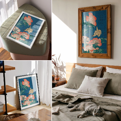 Dekorativni plakat Božuri i kanarinac, Katsushiki Hokusai (1834.) – starinski drvorez