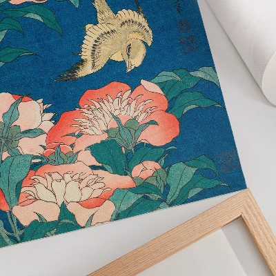 Dekorativni plakat Božuri i kanarinac, Katsushiki Hokusai (1834.) – starinski drvorez