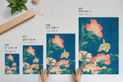 Dekorativni plakat Božuri i kanarinac, Katsushiki Hokusai (1834.) – starinski drvorez