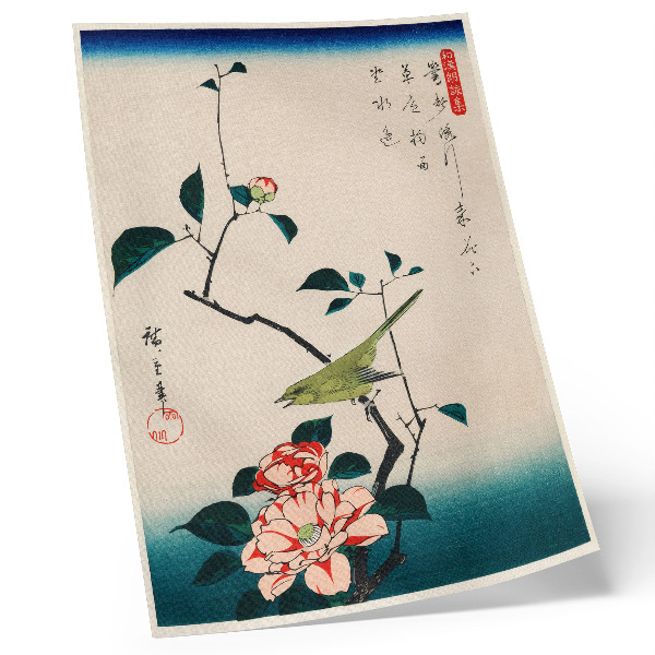 Zidni plakat Ukiyo-e ilustracija kamelije i slavuja Utagawe Hiroshigea (1797.-1858.)