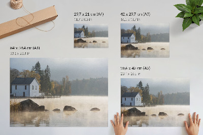 Plakat na platnu Magloviti krajolik jezero vikendica drveće jesen