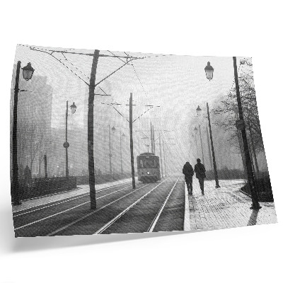 Plakat na platnu Tramvaj magla ulična rasvjeta urbana atmosfera