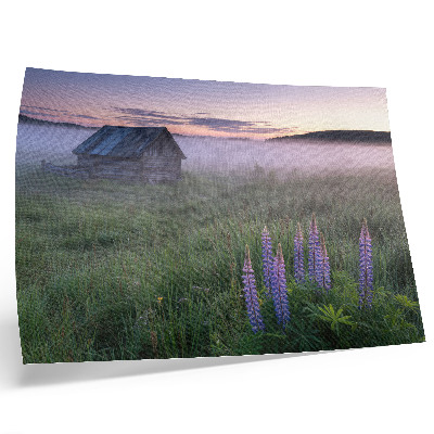 Plakat na platnu Drvena kućica slikovita magla cvijeće priroda