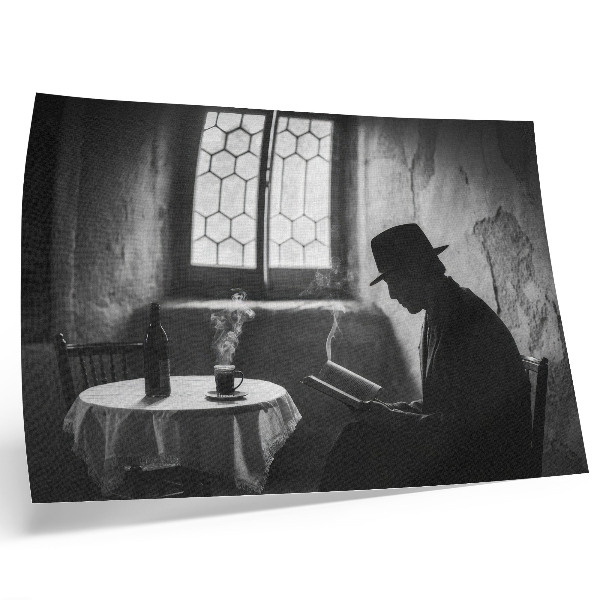 Stilski zidni plakat Crno-bijela atmosfera, čovjek s knjigom, klasična elegancija