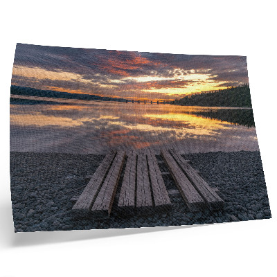 Plakat na platnu Jezero u zalasku sunca, tople boje drveta