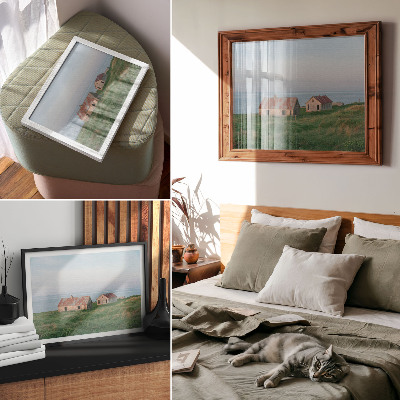 Plakat Rustikalne zgrade zelene livade more