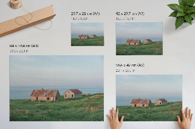 Plakat Rustikalne zgrade zelene livade more