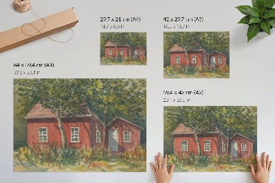 Plakat Drvena kuća, drveće, bogato zelenilo, idilično