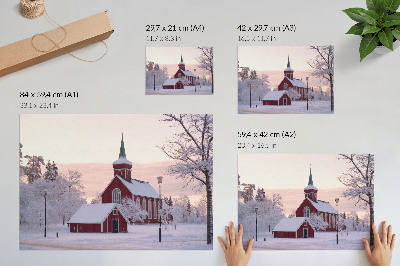 Plakat Crvena kapela Zima Snježno drveće Pastelno nebo