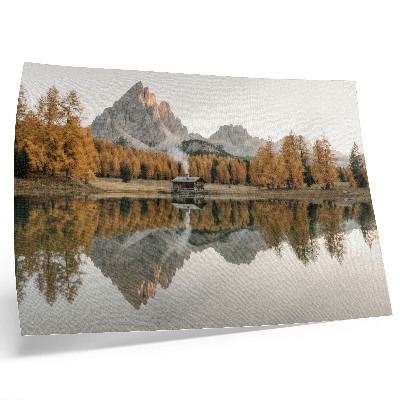 Plakat Planine, odraz, kućica, zlatno drveće, mirno jezero