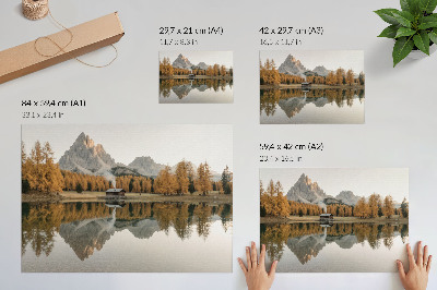 Plakat Planine, odraz, kućica, zlatno drveće, mirno jezero
