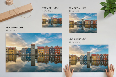 Stilski zidni plakat Šarene kuće uz vodu, odrazi arhitekture