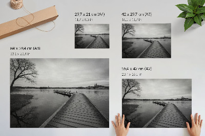 Stilski zidni plakat Crno-bijeli krajolik drvenog mola mirno jezero