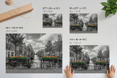 Stilski zidni plakat Šarmantan pogled na kanal, bicikle, tulipane, crno i narančasto