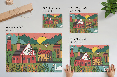 Plakat Šarene kuće planine jelen labud zeleni krajolik