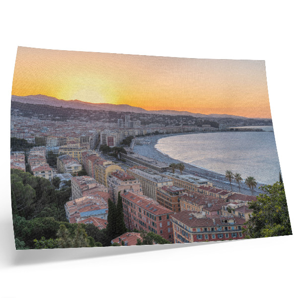 Stilski zidni plakat Pogled na grad u zalazak sunca iznad mora