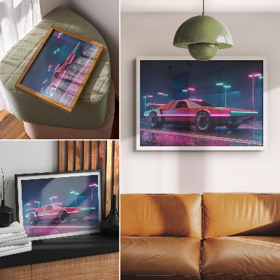Plakat na platnu Retro automobil u neonskom urbanom okruženju