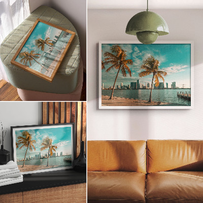 Plakat Palme, jezero, neboderi, tirkizno nebo, mirno
