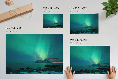 Stilski zidni plakat Zelena aurora, svjetlucava svjetla, mirna površina