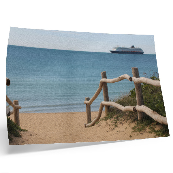 Stilski zidni plakat Plaža brod more drvene ograde pijesak