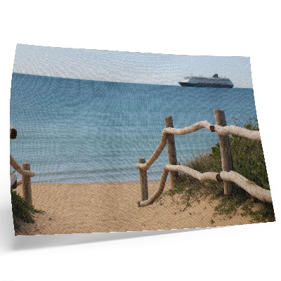 Stilski zidni plakat Plaža brod more drvene ograde pijesak