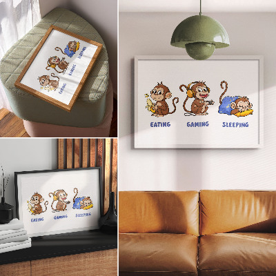 Plakat Smiješne ilustracije majmuna koji jede, igra se i spava