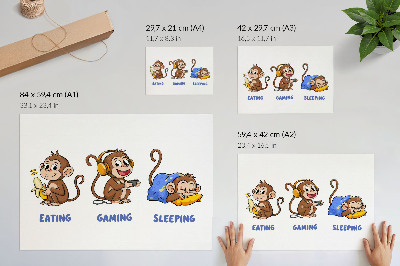 Plakat Smiješne ilustracije majmuna koji jede, igra se i spava