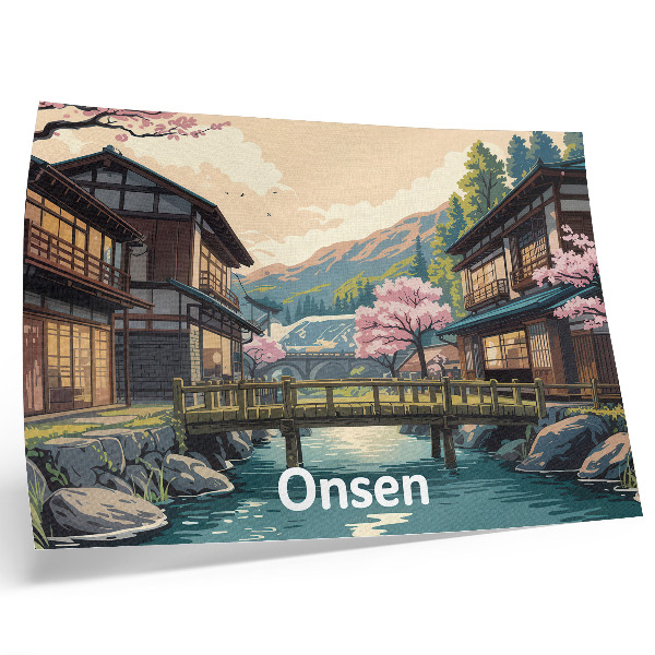 Umjetnički print Krajolik s japanskom arhitekturom i stablima trešanja