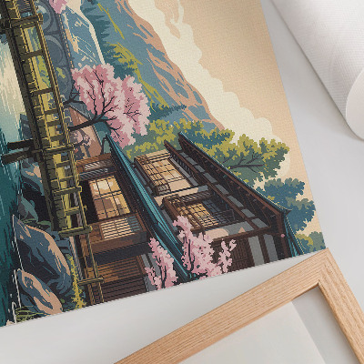 Umjetnički print Krajolik s japanskom arhitekturom i stablima trešanja
