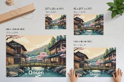 Umjetnički print Krajolik s japanskom arhitekturom i stablima trešanja