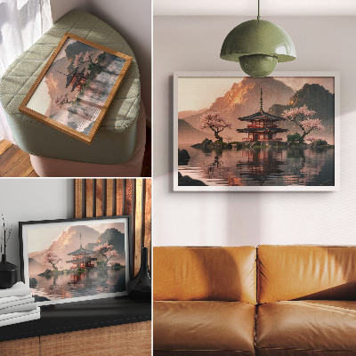 Umjetnički print Orijentalna zgrada planine jezero trešnje harmonija
