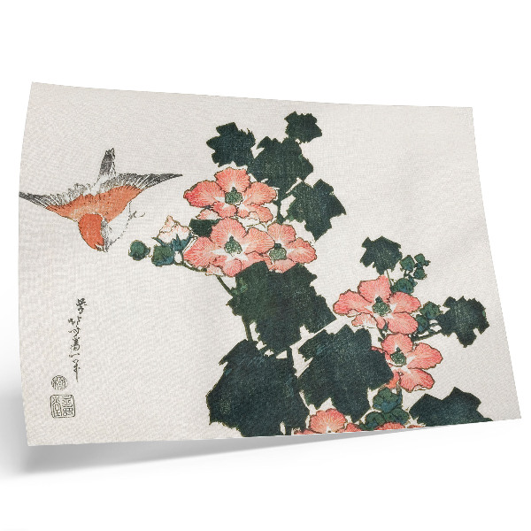 Plakat na platnu Crvene ruže i ptica, Katsushiki Hokusai (1760. – 1849.), vintage japanski drveni otisak