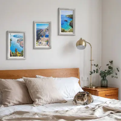 Pogled na grčko more i grad Oia na Santoriniju set od 3 slike u okviru